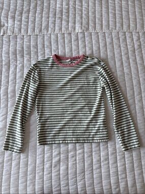 Zara Green & White Striped Long Sleeve Tee with Pink Neck